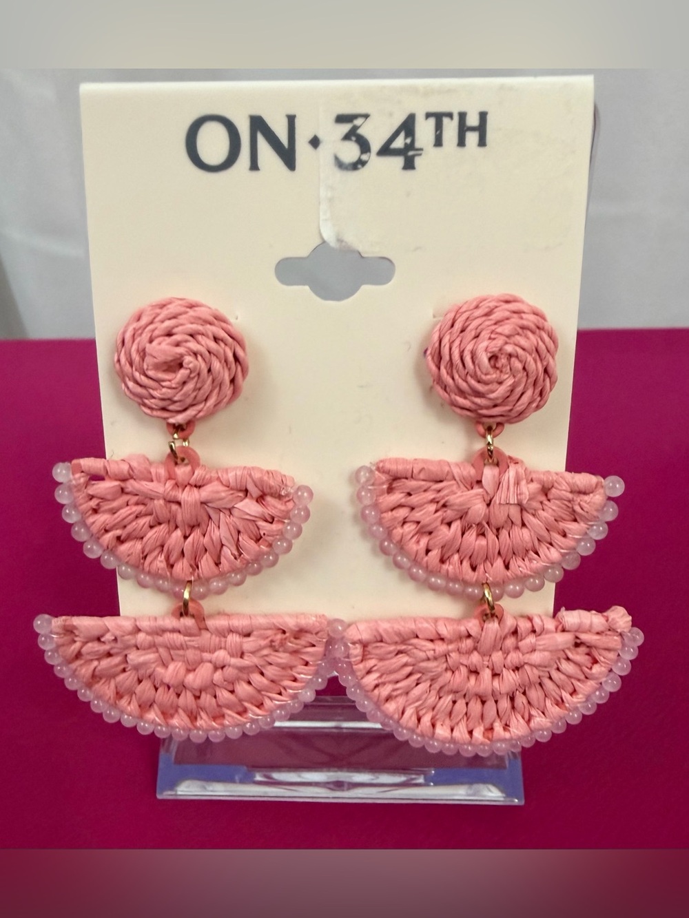 ON·34TH Fun Lightweight Pink Raffia Tiered Drop Resort Wear Earrings. NWT